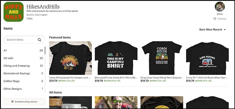 Hikes and Hills store with outdoor merch, camping t-shirts, presents for hikers and more