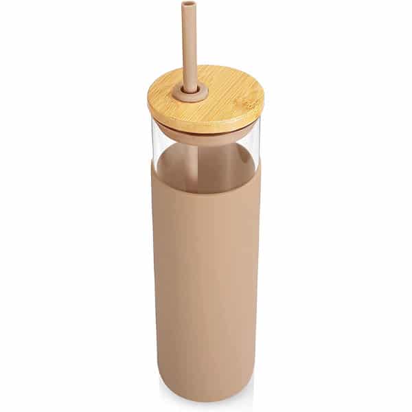 BPA Free Glass Water Bottle with Straw and Silicone Protective Sleeve and Bamboo Lid