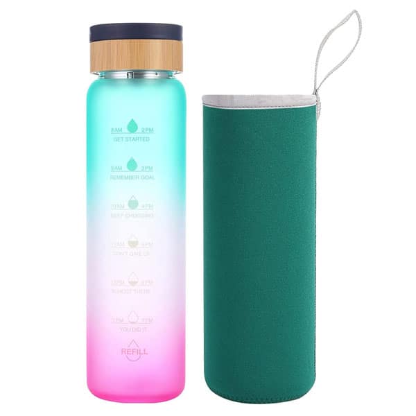 32 Oz Glass Water Bottle Wide Mouth with Time Marker Bamboo Lid