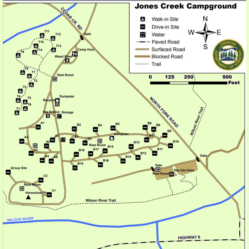 Map of the Jones Creek Campground and camping sites. 