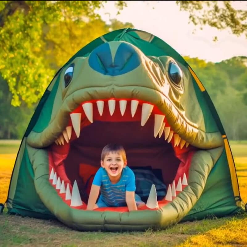 kid in a dinosaur 3D tent
