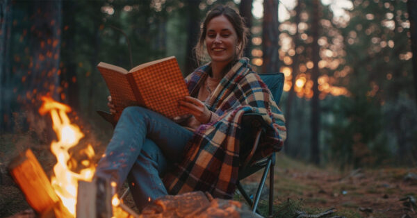 woman by a camp fire in a wool blanket for camping