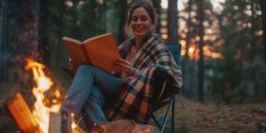 woman by a camp fire in a wool blanket for camping