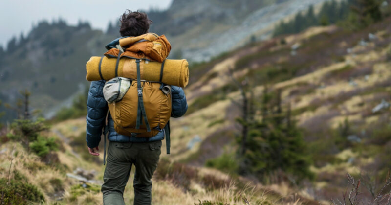 man backpacking with a wool blanket 