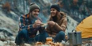 couple eating a no-cook camping breakfast