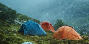 tents in a rainstorm