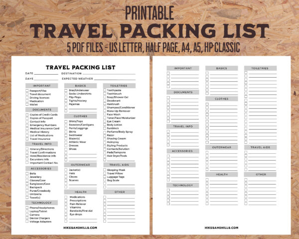 Printable Travel Packing List - Vacation Planner Checklist