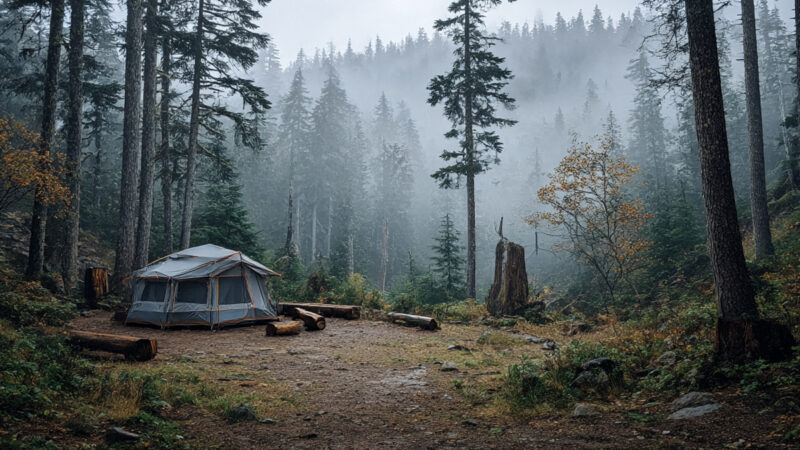 Rainy PNW campsite setup in Washington, typical Sasquatch-seeking weather
