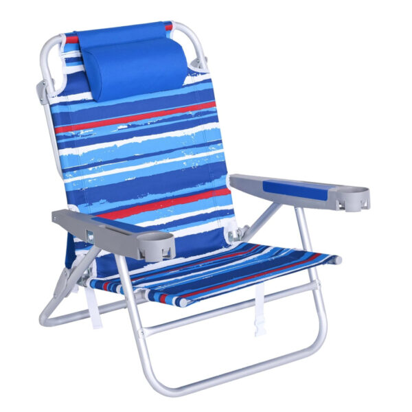 SUNNYFEEL Extra Wide heavy duty beach chair in blue stripe pattern with cup holders and backpack straps, 500 lb capacity